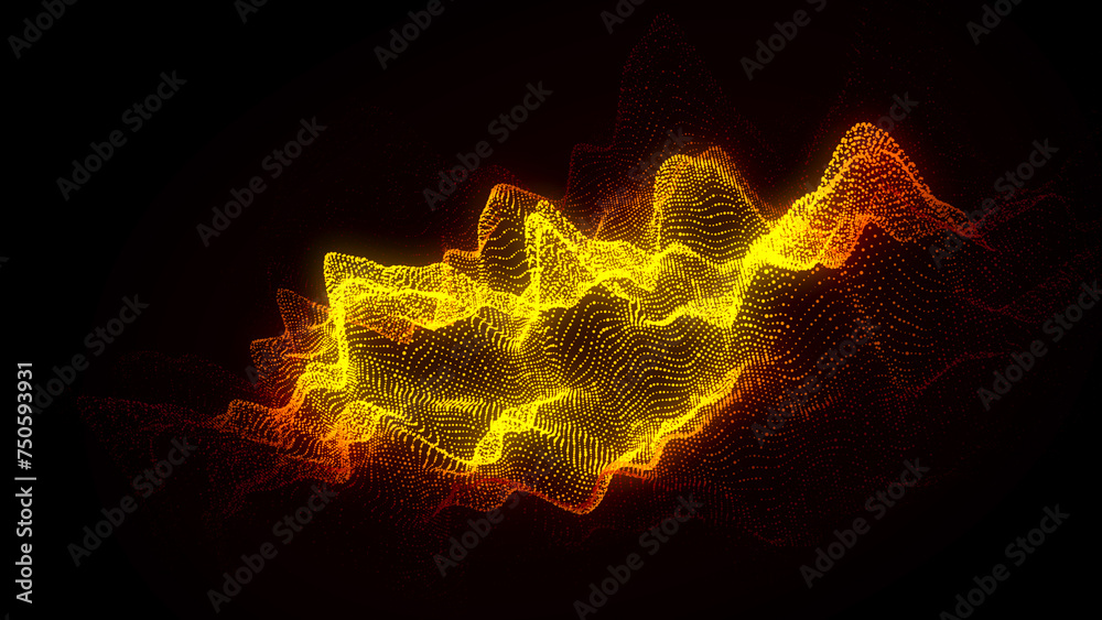 Fototapete Abstract digital fire circle wave on black background. Big data visualization. Analytics representation. Sphere with explosion of bright particles. 3d rendering.