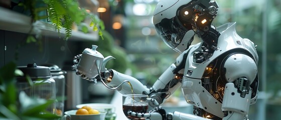 Robot servant cooks breakfast at home. Robot cook with artificial intelligence holds a teapot, pours coffee into a mug. Robot cook with artificial intelligence. - obrazy, fototapety, plakaty