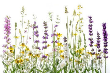 Meadow grass stems with yellow, white, and purple flowers isolated on white - obrazy, fototapety, plakaty