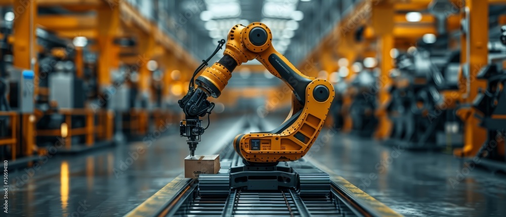 Poster Industrial robots with AI work on smart warehouses. Robots place boxes on pallets, automate logistics, and store products. Smart factory robot with AI. Business concept.
