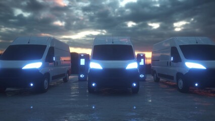 Modern electric delivery van is charged at the charging station. 3d illustration