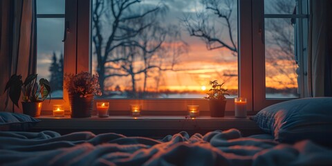 Cozy Bedroom at Sunrise with Candles by the Window
