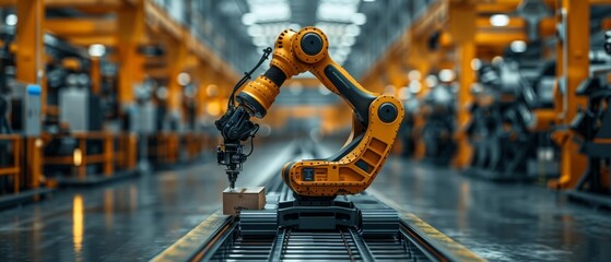 Industrial robots with AI work on smart warehouses. Robots place boxes on pallets, automate...