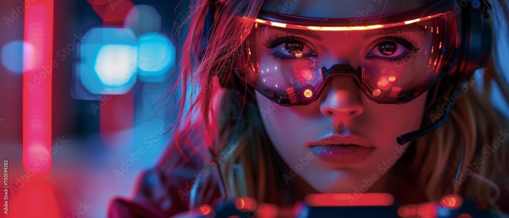 Poster beautiful cyborg woman holding game pass for computer video games, digital entertainment. female rob