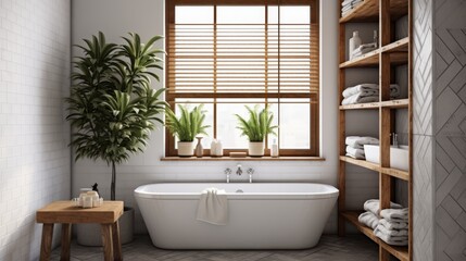 Fototapeta na wymiar Contemporary bright bathroom interior with bathtub and kinfolk style tiles wall design