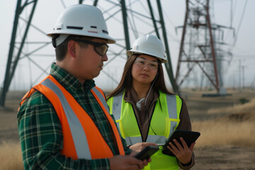 group of engineers surrounded by the towering presence of transmission towers and wind turbines.