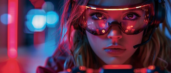 Beautiful cyborg woman holding game pass for computer video games, digital entertainment. Female robot with banner splash with text video game pass for gaming console. Gamers banner.