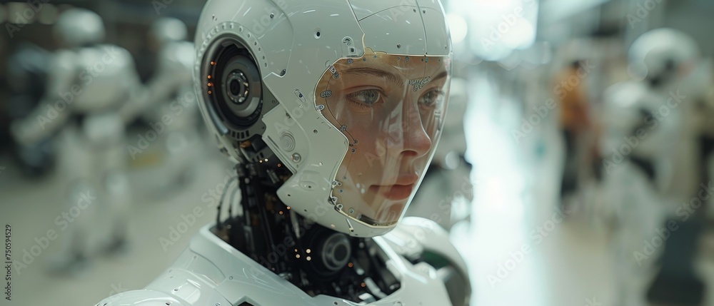 Poster Robot head in glass mask with actuator hands. Humanoid robot with artificial intelligence. Bipedal autonomous humanoid robot.