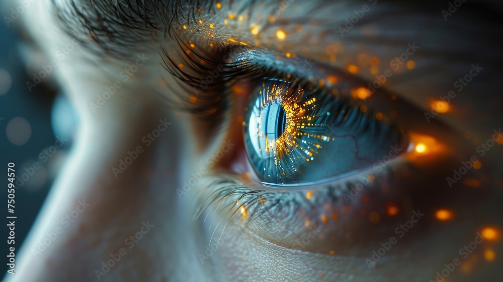 Poster An abstract image visual of a young man's eye and technology, smart contact lens display, iris verification, wearable computing, wearing an abstract image based on a visual abstraction