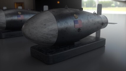 Nuclear Missile on the Background Flag of USA. Weapons of mass destruction. Nuclear, chemical weapons, radiation. 3d illustration
