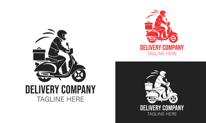 Delivery company logo. Rider on a motorbike. Silhouette vector logotype. Shipping company, food delivery