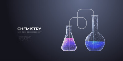Laboratory abstract flask with neon-colorful liquid. Digital lab background. Science and chemistry concept. Test tubes or glass beakers on a technology-dark background. Vector 3D illustration.