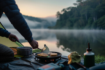 a pair of travelers seen preparing breakfast on a portable stove outside their tent. 