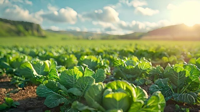 Fresh kale field. Curly kale fresh green leaves on field. Bunches of fresh kale in the garden. Curly cabbage leaf kale plant field leaves. Bio organic plantation. Brassica oleracea. 4k video sunlight