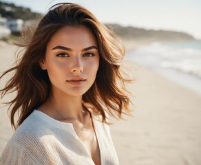 a woman with a shoulder length sweater on a beach with waves in the background and a blue sky