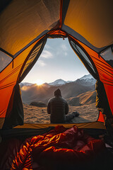 a person enjoying a sunrise amidst mountains, viewed from inside an orange tent, ai generative