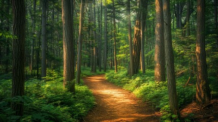 Serene Forest Path with Sunlight Streaming Through Lush Trees, Tranquil Nature Scene for Peaceful Backdrop