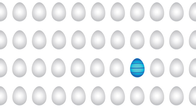 Viele Reihen wei&szlig;er Eier und ein blaues Osterei, das heraussticht