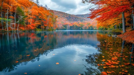 Vibrant Autumn Scenery at Tranquil Lake with Colorful Fall Foliage Reflecting on Calm Water Surrounded by Seasonal Nature Landscape