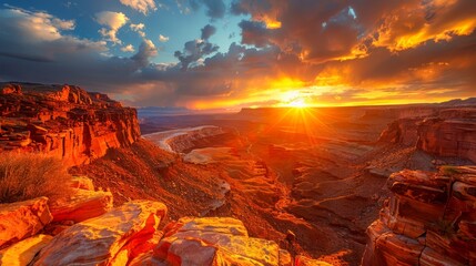 Majestic Sunset Over Rugged Canyon Landscape with Vivid Sky and Dramatic Clouds