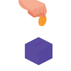 Vector illustration of a hand throwing a coin into a piggy bank
