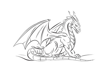 A dragon, line art drawing, coloring book page. Clipart white background. Vector illustration