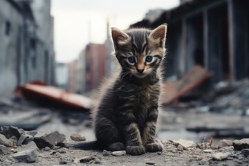 Naklejka na ściany i meble Inquisitive cute kitten exploring the eerie deserted city streets under the night sky