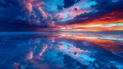 Majestic Sunset and Cloud Reflections over Tranquil Mirror-Like Water Surface, Dramatic Sky Panorama
