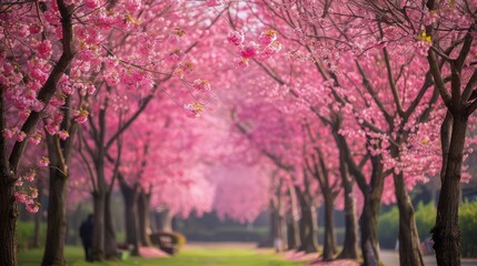Serene Springtime Scene with Blossoming Pink Cherry Trees Lining a Peaceful Park Pathway