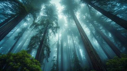 Majestic Ancient Redwood Trees Rising into Misty Sky in Lush Forest - Nature's Wonders Captured in Tranquil Woodland Setting