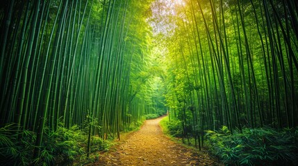 Fototapeta na wymiar Serene Bamboo Forest Pathway Surrounded by Lush Greenery and Gentle Sunlight Filtering Through
