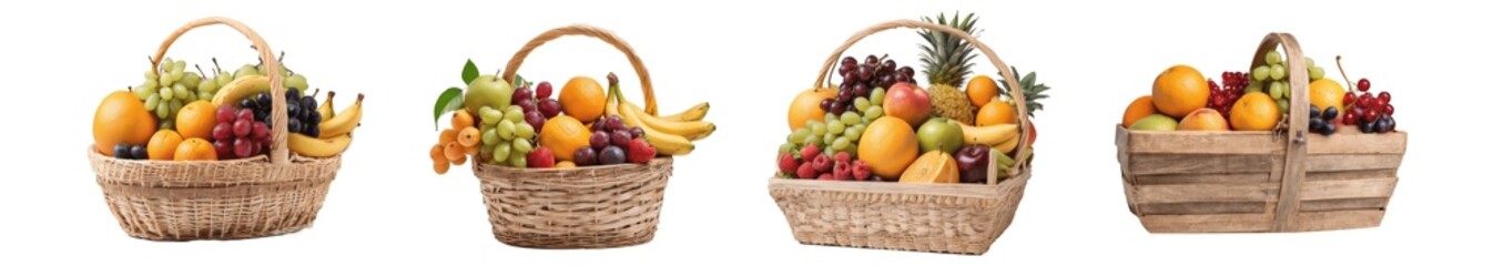 set of fruits on baskets isolated on transparent background