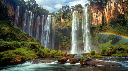 Majestic Waterfalls with Rainbow in Tropical Rainforest, Scenic Nature Landscape Panorama