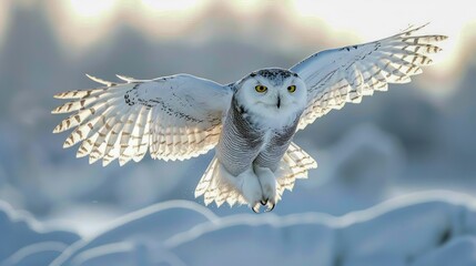 Majestic Snowy Owl in Flight Against Wintery Landscape Background with Detailed Feather Texture