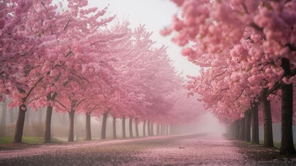 Serene Cherry Blossom Avenue in Misty Morning Light, Picturesque Spring Scenery, Dreamy Tree-Lined Road with Pink Blossoms