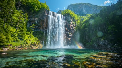 Majestic Waterfall in Lush Green Forest with Rainbow and Clear Blue Sky - Nature Landscape Photography