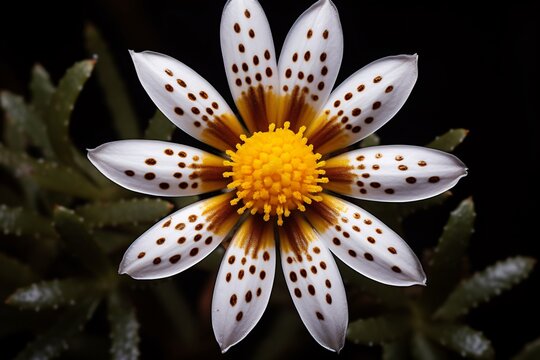 a white and brown flower with a yellow center