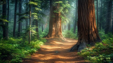 Enchanting Sunlit Forest Path Among Majestic Tall Trees with Lush Green Foliage - Serene Nature Landscape for Tranquility
