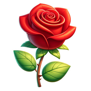 3D cartoon style single red rose with a fully bloomed flower and green leaves on the stem