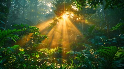 Sun Rays Peeking Through Lush Green Tropical Forest Foliage at Sunrise or Sunset
