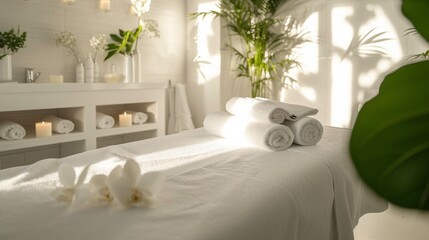 Beautiful spa elements on the massage table in the wellness center. Massage on light wooden background. blur living room, natural creams and moisturizing Healthy lifestyle