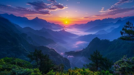 Majestic Sunrise Over Misty Mountains with Lush Forestry and Vibrant Sky - Serene Nature Landscape for Tranquil Background