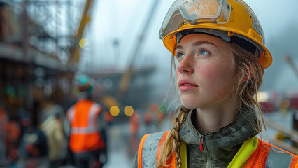 Portrait of a young blonde and freckled girl, construction worker, wearing safety clothing and a hard hat, looking to the side at the construction site - obrazy, fototapety, plakaty