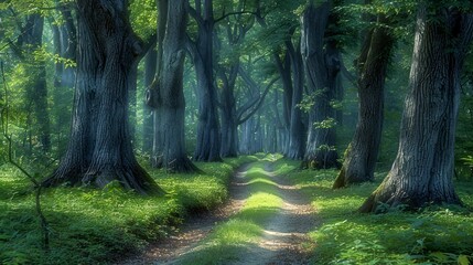 Obraz premium Enchanted Sunlight Filtering Through Majestic Trees on a Serene Forest Pathway - Nature Photography for Tranquil Backgrounds