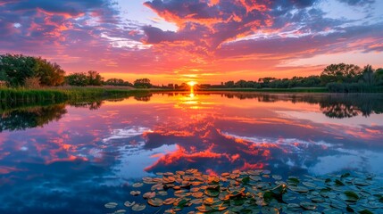 Serene Lake Sunset with Vivid Colors and Reflections on Calm Waters Surrounded by Nature