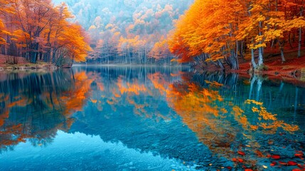 Tranquil Autumn Lake Scene with Vibrant Fall Foliage and Reflections in Calm Water