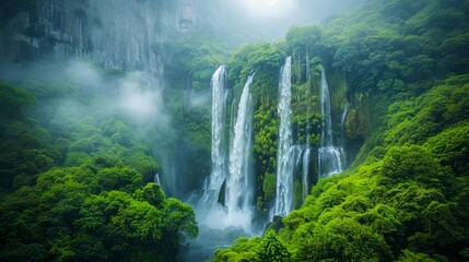 Majestic Waterfalls in Lush Green Forest Scenery with Mist and Ethereal Beauty of Nature