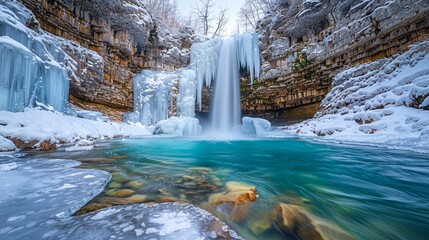 Naklejka premium Majestic Winter Waterfall with Icicles and Snowy Rocks in Pristine Wilderness