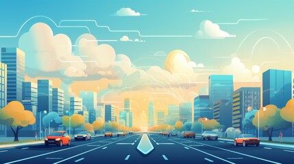 Social networking city and town with automation car on the world symbols moving from buildings to cloud using wifi. Vector illustration, penology, communication, generation, modern, - obrazy, fototapety, plakaty