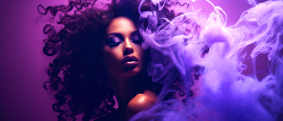 Obraz na płótnie Canvas Surreal image of a beautiful woman in purple smoke